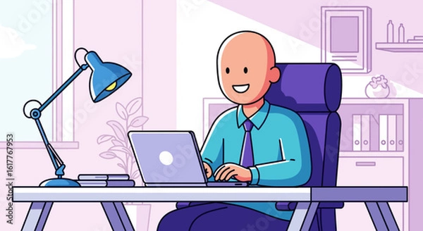 Fototapeta Happy businessman working on laptop in modern office, perfect for website landing page or company brochure.