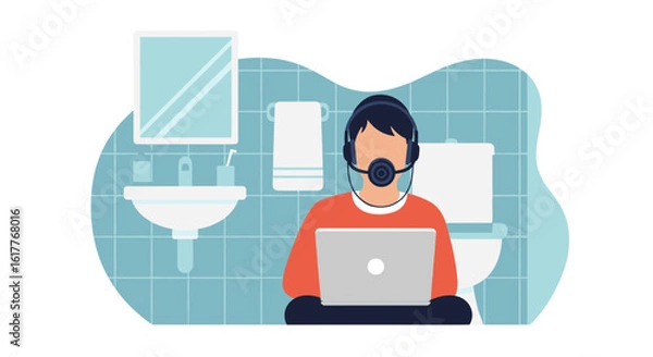 Fototapeta Person working on laptop in bathroom, perfect for illustrating work-life balance or remote work challenges.
