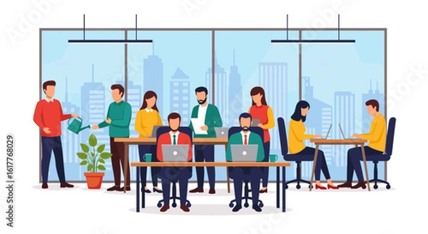 Fototapeta Diverse team of professionals working collaboratively in a modern office, ideal for illustrating teamwork and innovation.