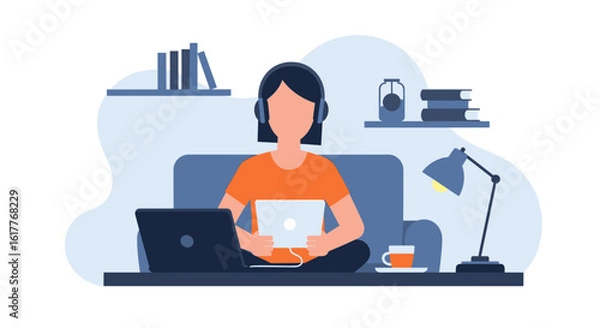 Fototapeta Woman working from home with laptop and tablet, perfect for remote work or online learning illustrations.