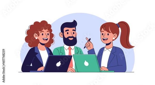 Fototapeta Happy business team collaborating on laptops, perfect for website banners or presentations.