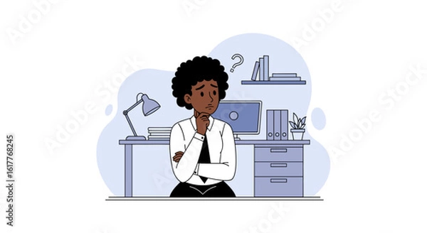 Fototapeta Thoughtful businesswoman at her desk, perfect for websites or presentations on business challenges and problem-solving.