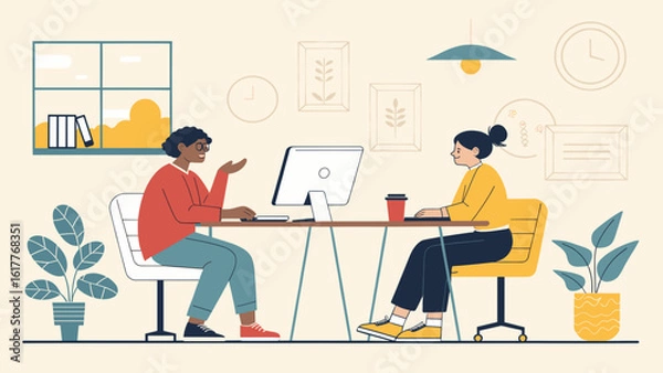 Fototapeta Two colleagues collaborating at a modern office desk, perfect for illustrating teamwork or a company website.