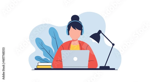 Fototapeta Woman working on laptop at desk, perfect for website banners, blog posts, or online learning platforms.