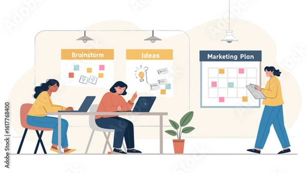 Fototapeta Team brainstorming and planning a marketing strategy. Ideal for business presentations and websites.