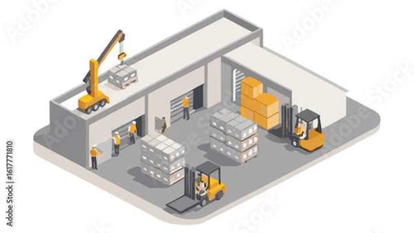 Obraz Isometric view of a warehouse with forklifts, workers, and a crane moving stacked goods inside
