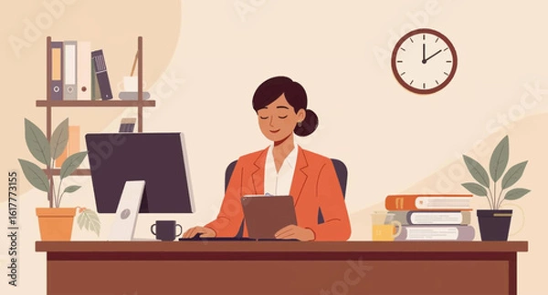 Obraz Businesswoman working at her desk in a modern office, perfect for websites or marketing materials.