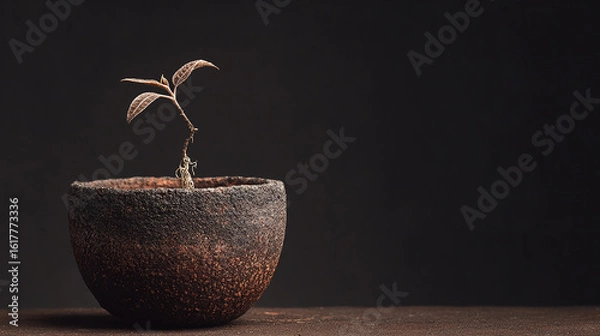 Fototapeta A small green sprout grows in a rustic textured pot against a dark background