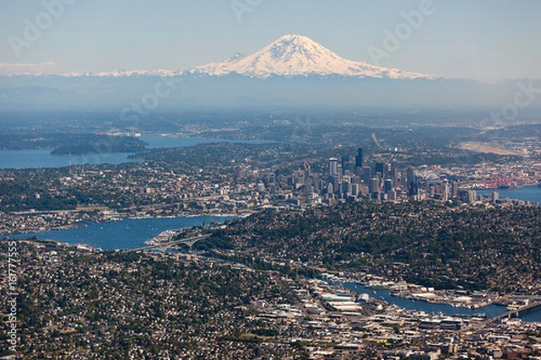 Fototapeta Mt. Rainier overlooking Seattle as taken from an airplane