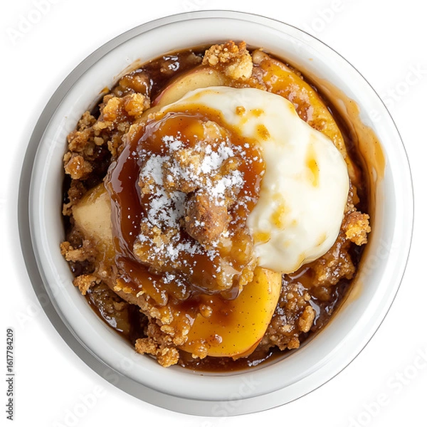 Fototapeta Warm Apple Crumble Topped with Vanilla Ice Cream and Caramel Sauce