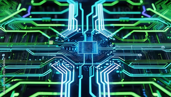 Fototapeta Minimalist AI Circuitry Background: Futuristic Tech Design, Vibrant Futuristic Circuit Board Background for AI Companies, Moody AI Circuitry Abstract: Clean High-Tech Visuals, generative ai