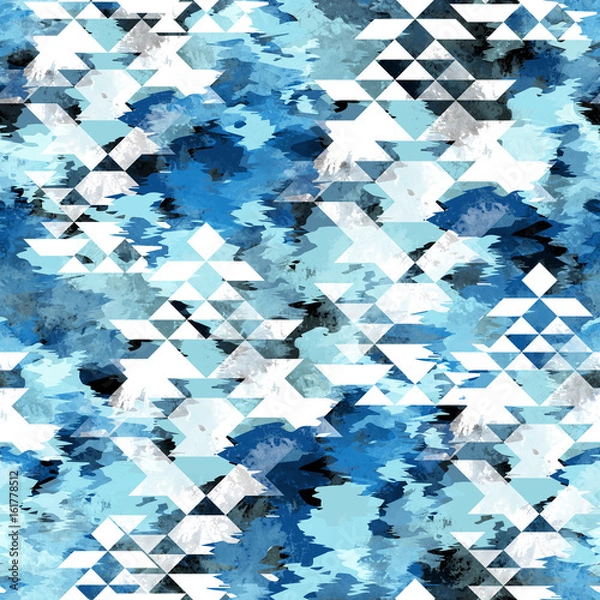 Fototapeta Seamless pattern tie-dye design with navajo triangles. Indigo background with watercolor effect. Textile shibori print for bed linen, jacket, package design, fabric and fashion concepts.