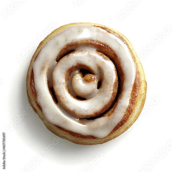 Fototapeta A freshly baked cinnamon roll topped with a generous swirl of white icing, presented against a clean white background.