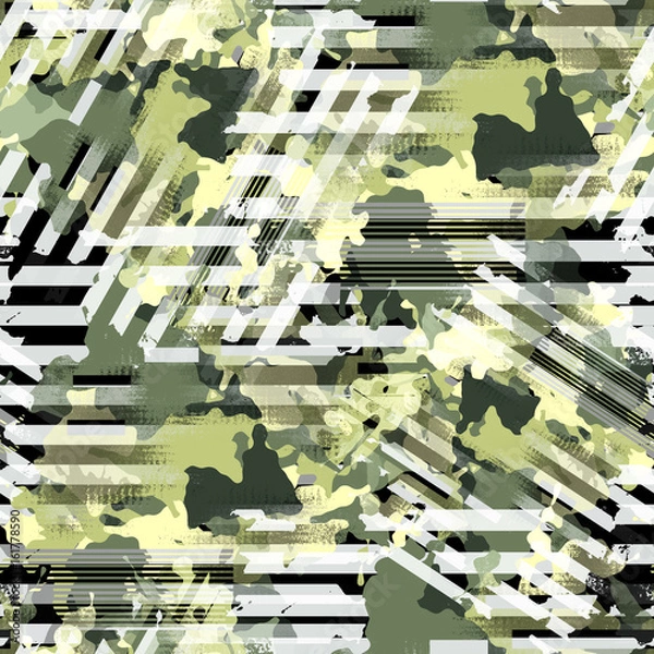 Fototapeta Seamless pattern camouflage design. Striped background with camo elements and watercolor effect. Textile print for bed linen, jacket, package design, fabric and fashion concepts.