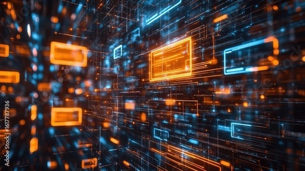 Fototapeta Abstract Glowing Digital Lines and Box Network Futuristic Technology Background