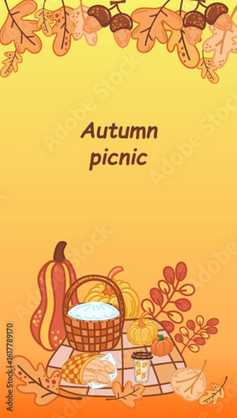 Fototapeta Vector illustration of fall picnic in the forest with yellow leaves