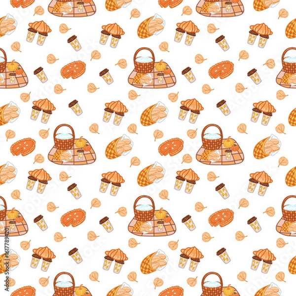 Fototapeta Vector illustration, pattern, autumn picnic, sweets, coffey