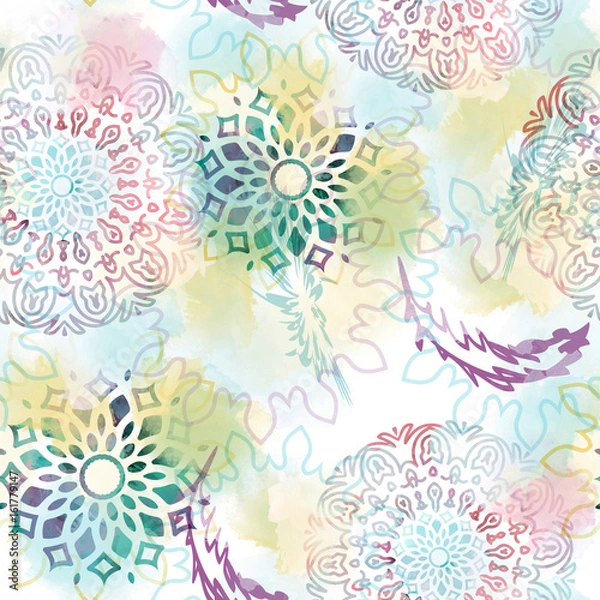 Fototapeta Seamless pattern with mandalas and feathers. Mystic background with watercolor effect. Textile print for bed linen, jacket, package design, fabric and fashion concepts