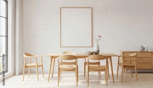 Fototapeta Bright minimalist dining room interior with wooden furniture and large blank poster frame on white wall for artwork or product presentation mockup. 3D Rendering 