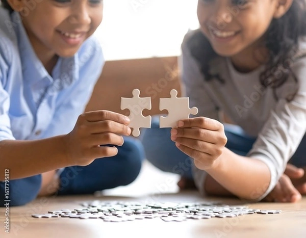 Fototapeta Smiling children's hands joining jigsaw puzzle pieces on the floor, representing collaboration, partnership, and problem-solving