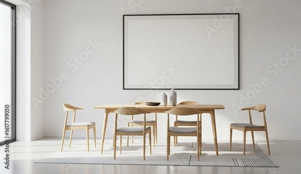 Fototapeta Bright minimalist dining room interior with wooden furniture and large blank poster frame on white wall for artwork or product presentation mockup. 3D Rendering 
