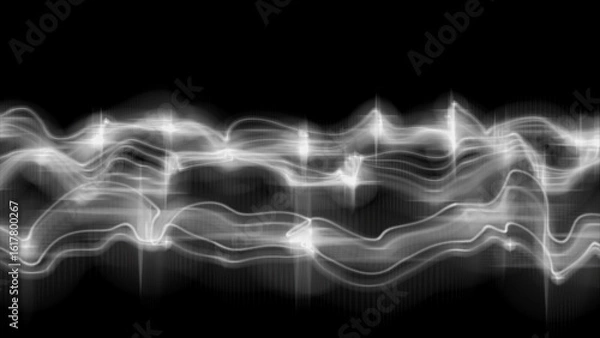 Fototapeta White smoke flame wave flow on black background. Science and media communications.