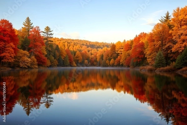 Fototapeta Vibrant autumn colors reflect on tranquil lake at dawn in a serene forest landscape