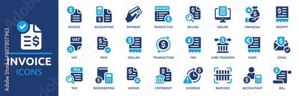 Fototapeta Invoice icon set. Containing receipt, bill, tax, paid, statement, accounting, transaction, barcode, financial and more. Solid vector icons collection.