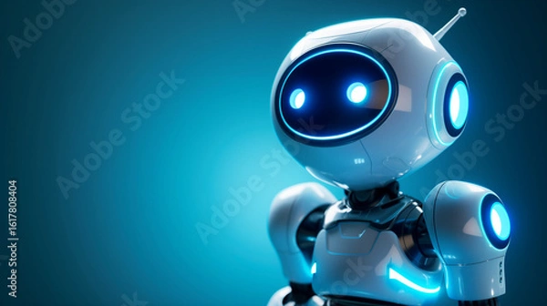 Fototapeta Artificial intelligence robot. Modern technology. Intelligent assistant robot of the future world. Chatbot mascot on a blue background