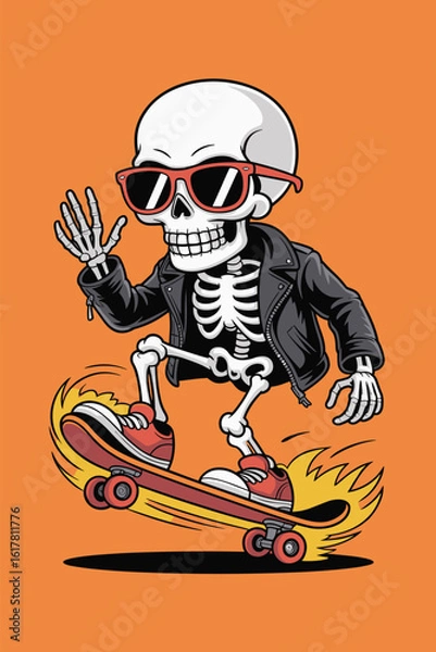Obraz Skeleton vector riding flaming skateboard 