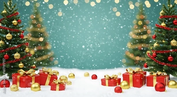 Fototapeta Festive Christmas trees and gifts under falling snow