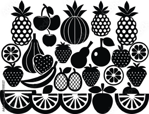 Fototapeta Collection of assorted fruit silhouettes isolated on transparent background silhouette