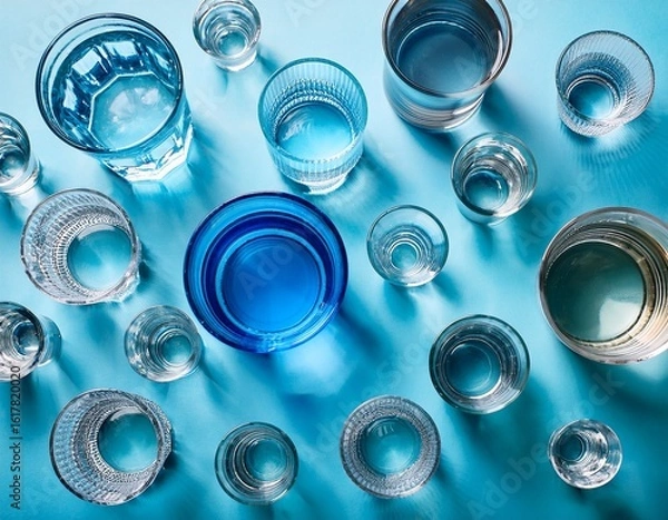 Fototapeta  Many various glasses with fresh water on a blue table on pale blue background .Generated image