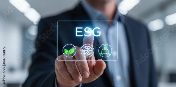 Fototapeta Sustainable technology and ESG data interface concept with futuristic digital graphics and environmental analytics on screen in business setting. 