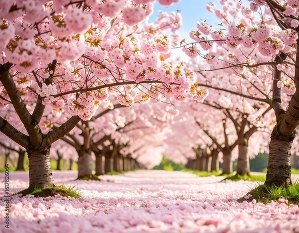Fototapeta Pink cherry blossoms, a spring path