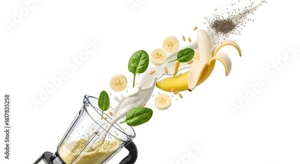 Obraz Ingredients like banana, spinach, and milk are being poured into a blender to make a smoothie.