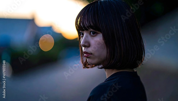Obraz 横を向いて黄昏ている日本人の若い女性
