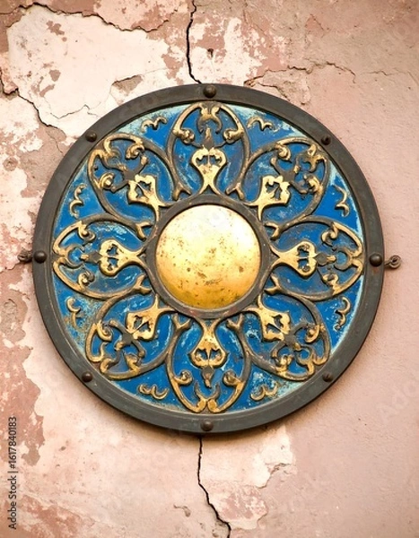 Obraz Ornate circular metal emblem on weathered wall