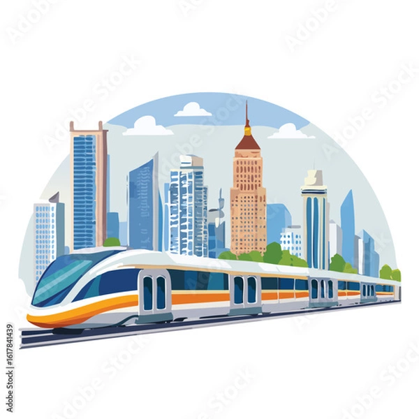 Fototapeta Modern MRT Train Passing Through the City – Urban Mass Rapid Transit System with Townscape Background, Public Transportation Concept, Smart City Mobility, Vector Illustration or Realistic Scene