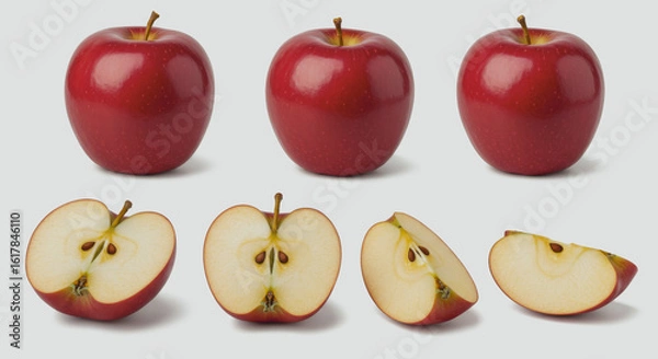Obraz Three whole red apples and four apple halves arranged on a light background.