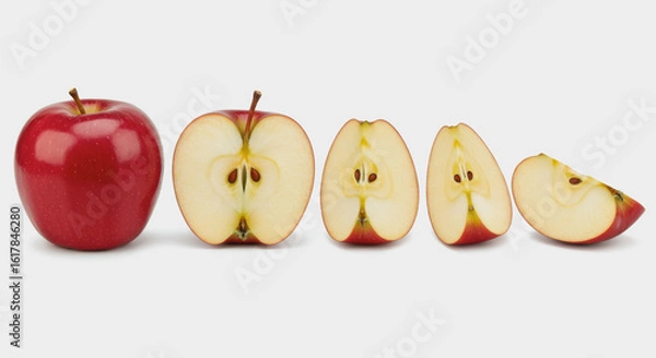 Obraz Red apple whole and sliced into pieces on a white background.