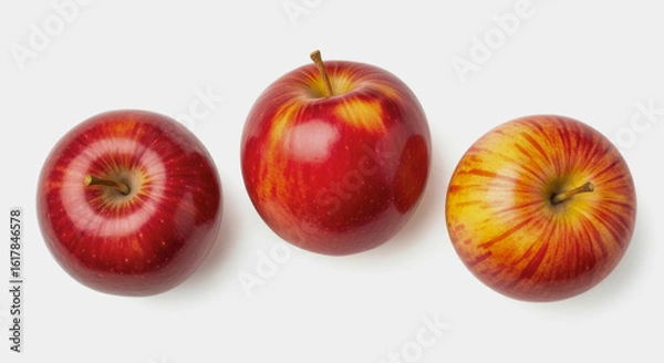 Fototapeta Three red apples are arranged on a white surface.