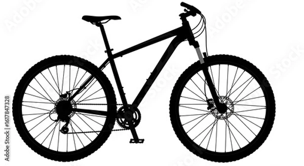 Obraz Black vector silhouette of an isolated sport bicycle with a prominent wheel, frame, and pedals, perfect for depicting cycling or mountain biking