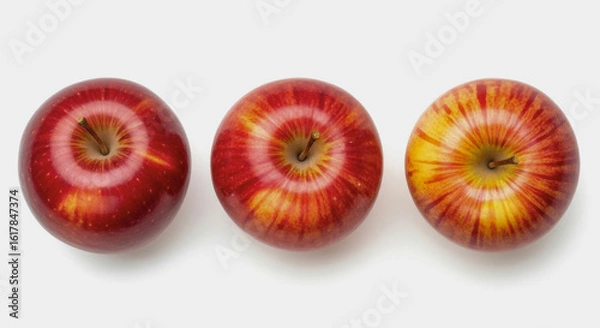 Obraz Three red apples lined up on a white surface viewed from above.