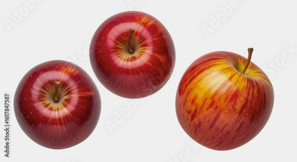 Obraz Three red apples are arranged on a plain white background.