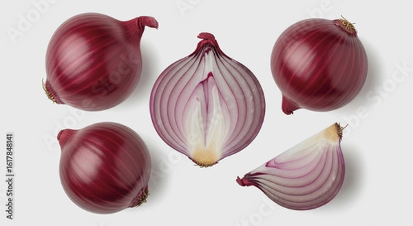 Obraz Red onions whole half and slice on a white surface top view.
