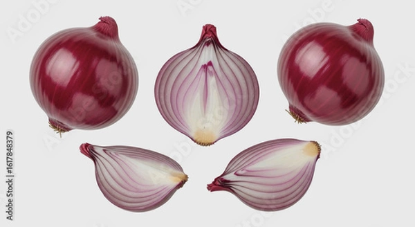 Obraz Red onions whole and sliced on a white background.