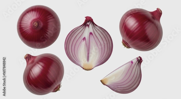 Obraz Several red onions whole and sliced are arranged on a white surface.
