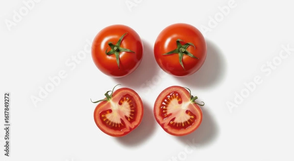 Obraz Two whole and two halved tomatoes on a white surface with shadows.