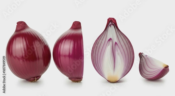 Obraz Red onions whole halves and quartered isolated on white background.